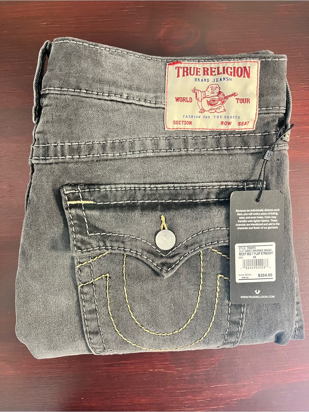 True Religion Ricky Big T Flap Straight Mens Sz 36x34 Gray Smores  Wash $204